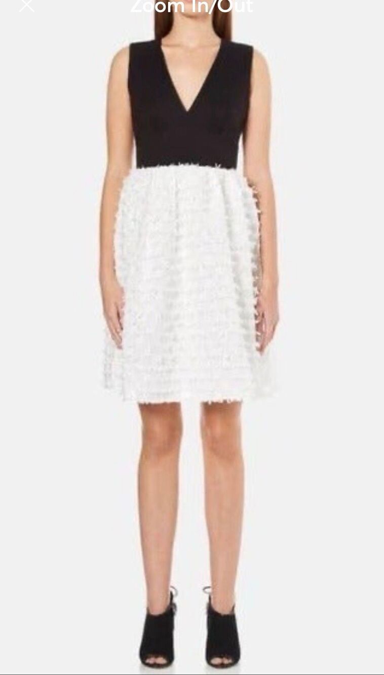 French Connection Summer Sky Fringe Black and White Dress Sz 4